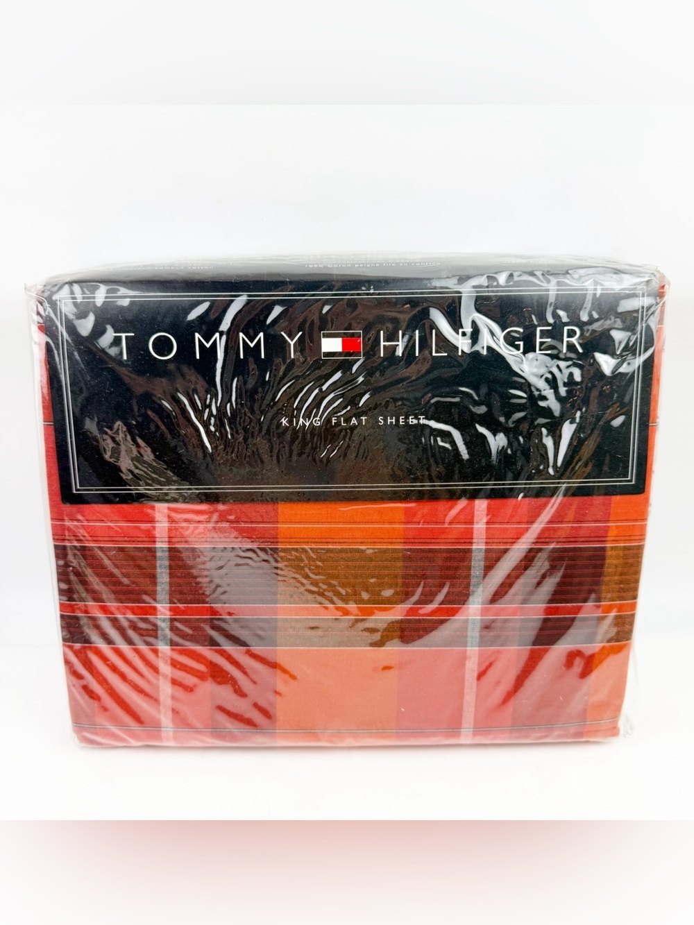 Vintage Tommy Hilfiger Jack Plaid King Flat Sheet Red Orange Y2K Cotton Bed NOS